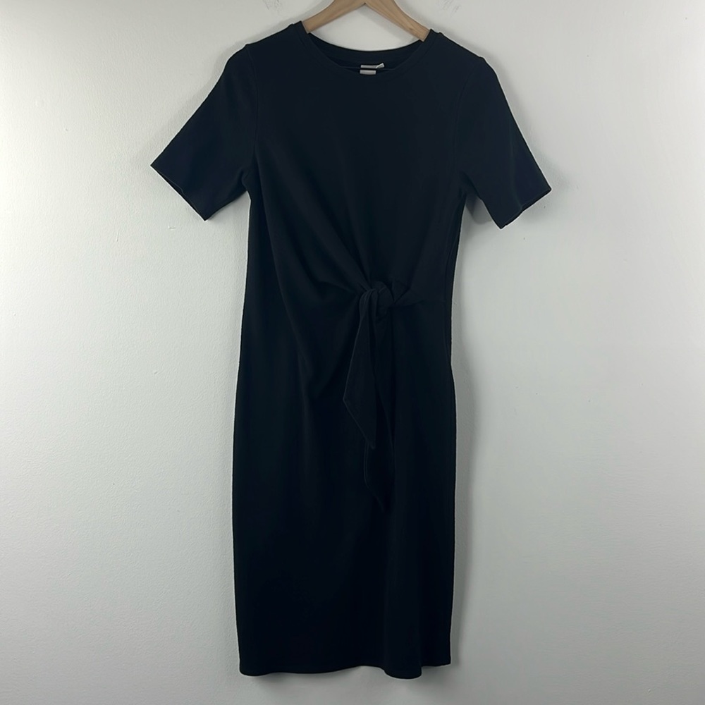 Ady P Twist Knot Short Sleeve Stretch Bodycon Black Midi Dress Womens Size L